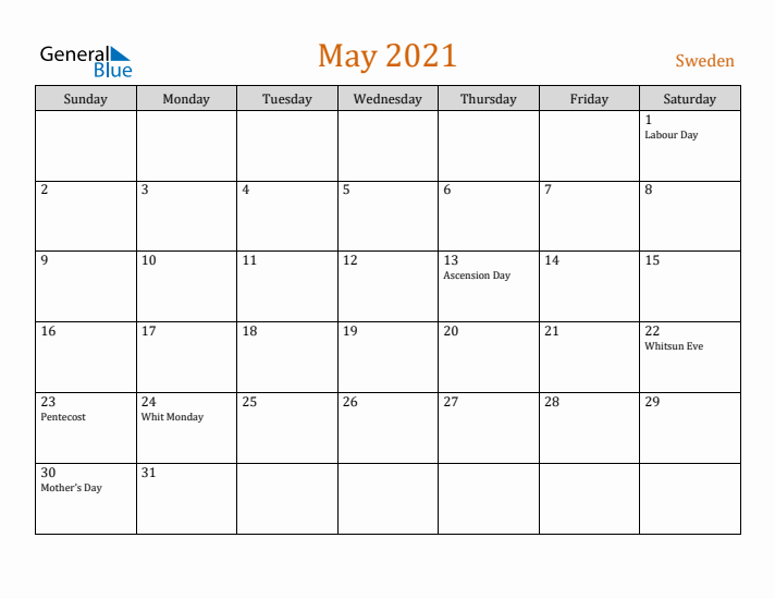 May 2021 Holiday Calendar with Sunday Start