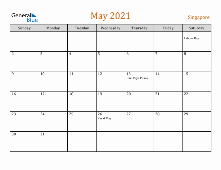 May 2021 Holiday Calendar with Sunday Start