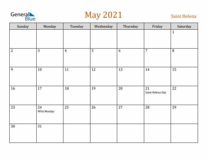 May 2021 Holiday Calendar with Sunday Start