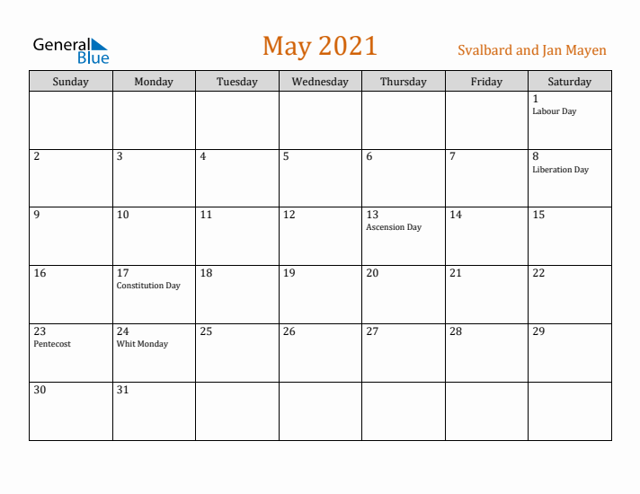 May 2021 Holiday Calendar with Sunday Start