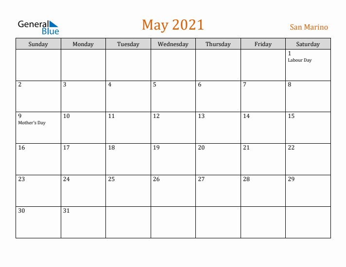 May 2021 Holiday Calendar with Sunday Start