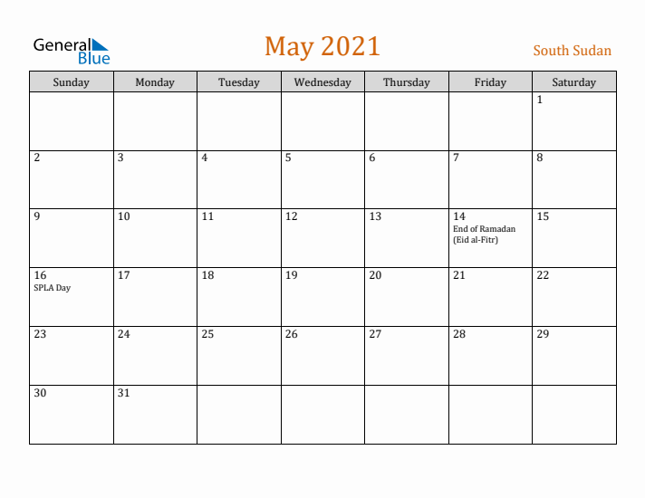 May 2021 Holiday Calendar with Sunday Start