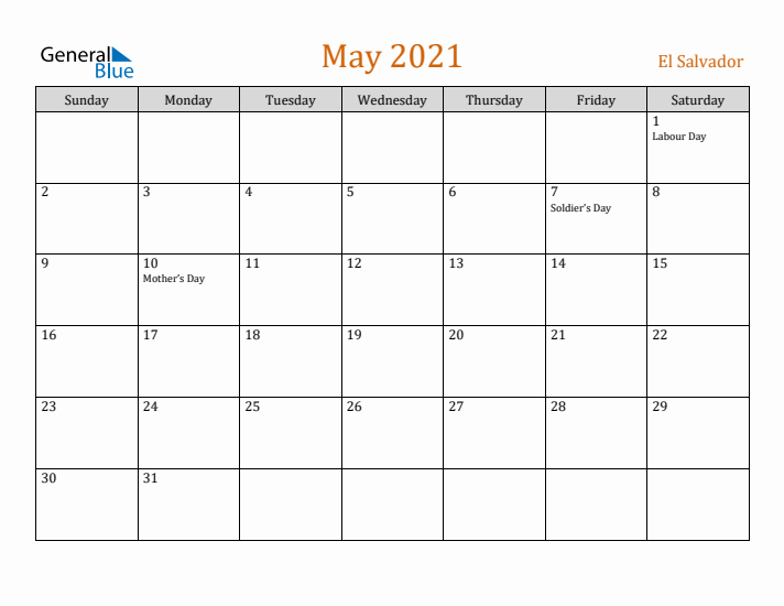 May 2021 Holiday Calendar with Sunday Start