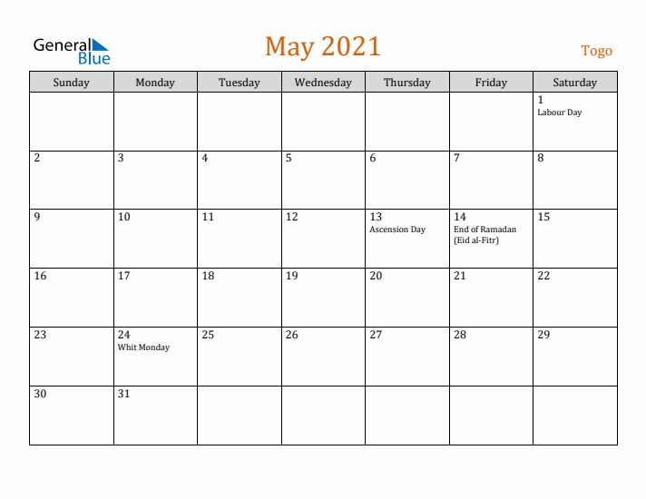 May 2021 Holiday Calendar with Sunday Start