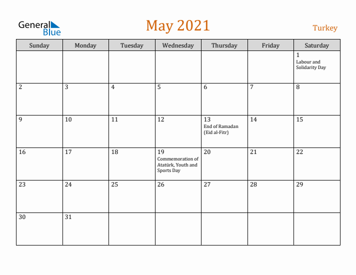 May 2021 Holiday Calendar with Sunday Start