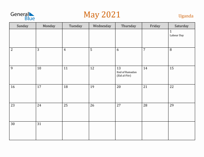 May 2021 Holiday Calendar with Sunday Start