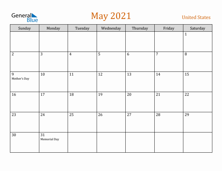 May 2021 Holiday Calendar with Sunday Start