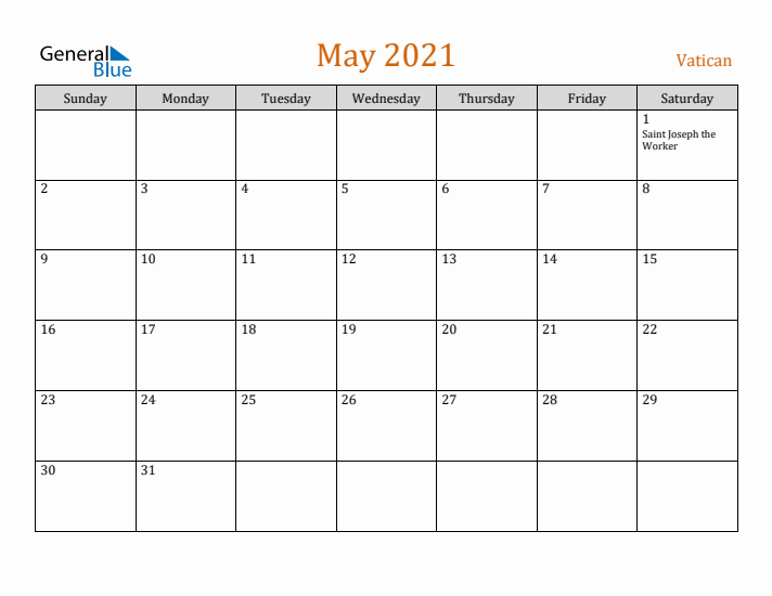 May 2021 Holiday Calendar with Sunday Start