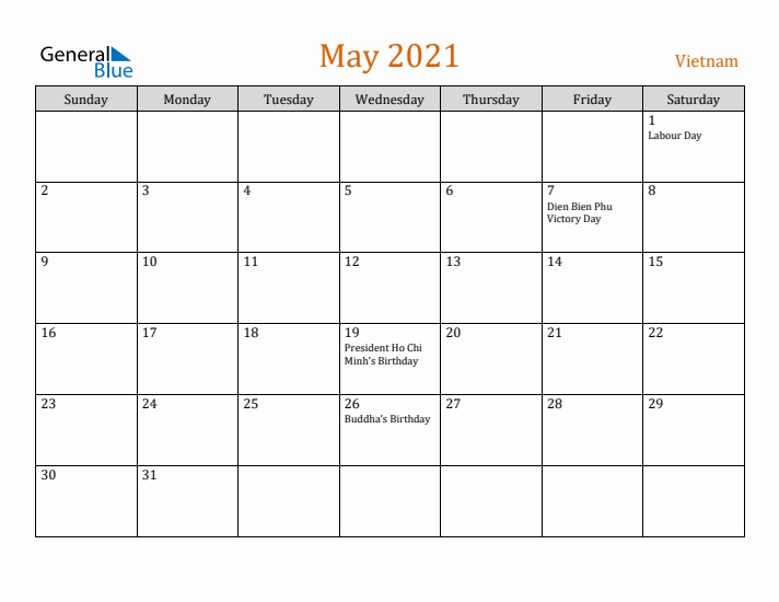 May 2021 Holiday Calendar with Sunday Start