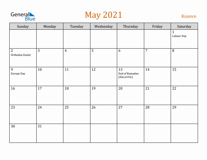 May 2021 Holiday Calendar with Sunday Start