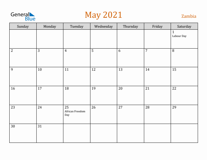 May 2021 Holiday Calendar with Sunday Start