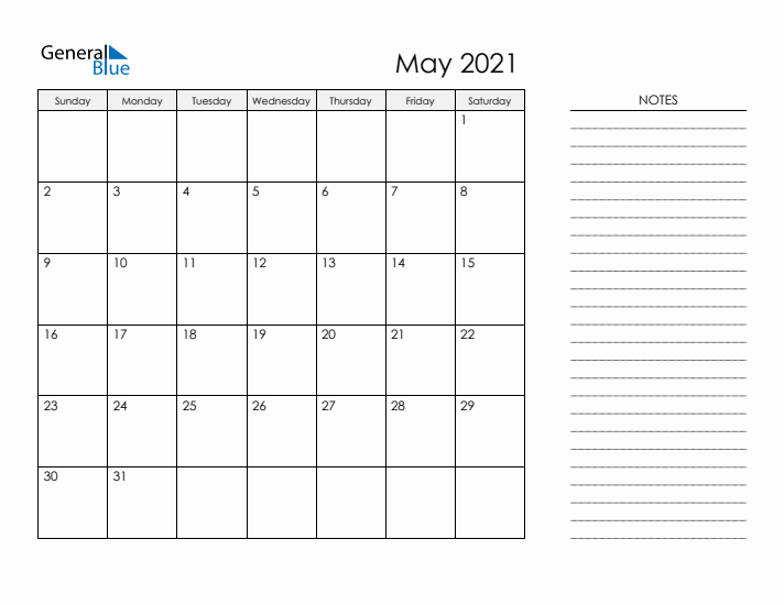 Printable Monthly Calendar with Notes - May 2021