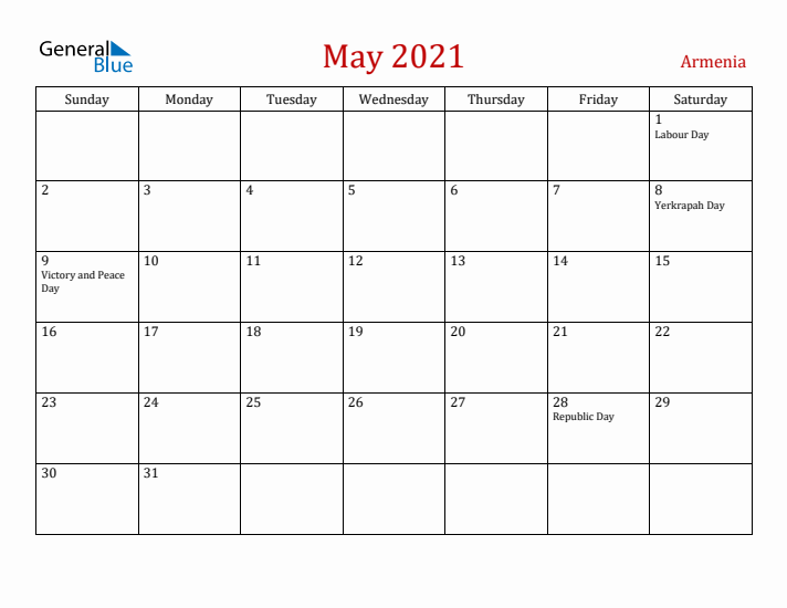 Armenia May 2021 Calendar - Sunday Start