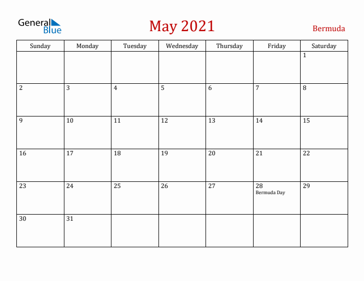 Bermuda May 2021 Calendar - Sunday Start