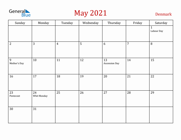 Denmark May 2021 Calendar - Sunday Start