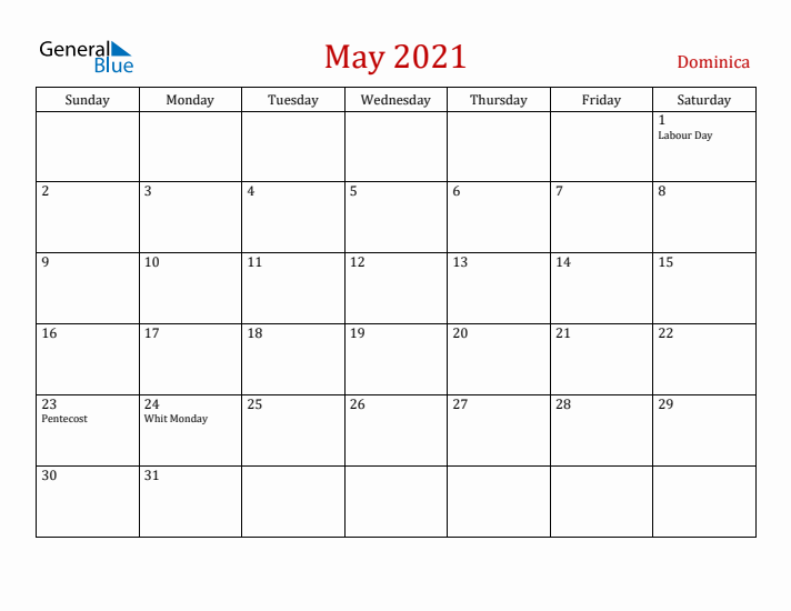 Dominica May 2021 Calendar - Sunday Start