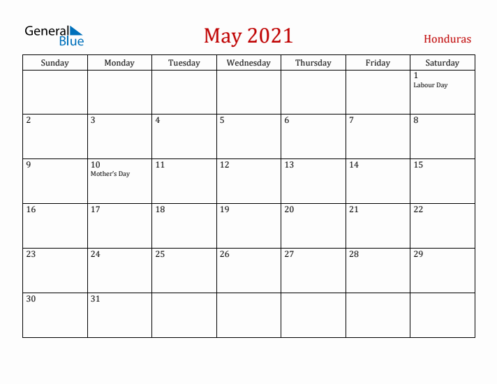 Honduras May 2021 Calendar - Sunday Start