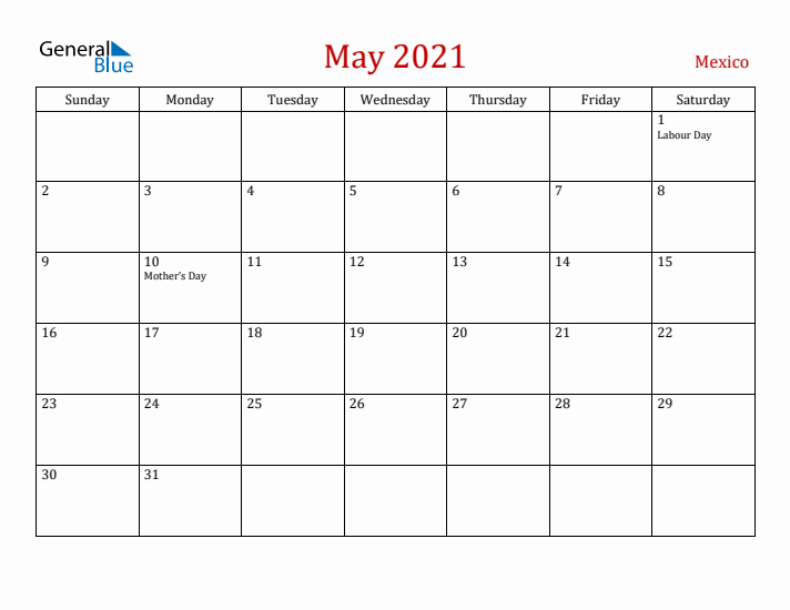 Mexico May 2021 Calendar - Sunday Start