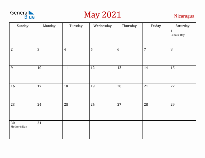 Nicaragua May 2021 Calendar - Sunday Start