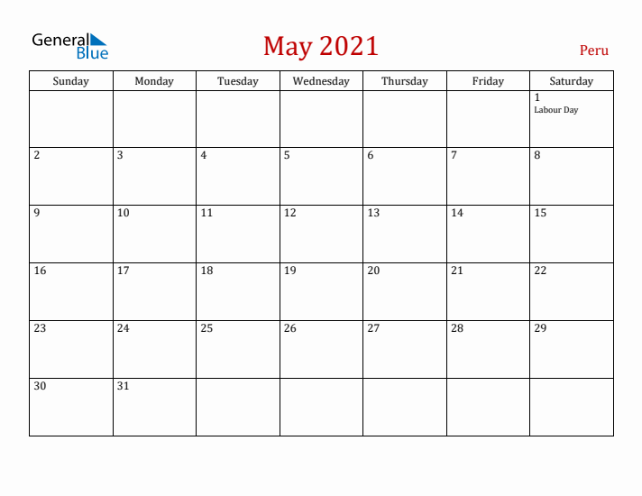 Peru May 2021 Calendar - Sunday Start