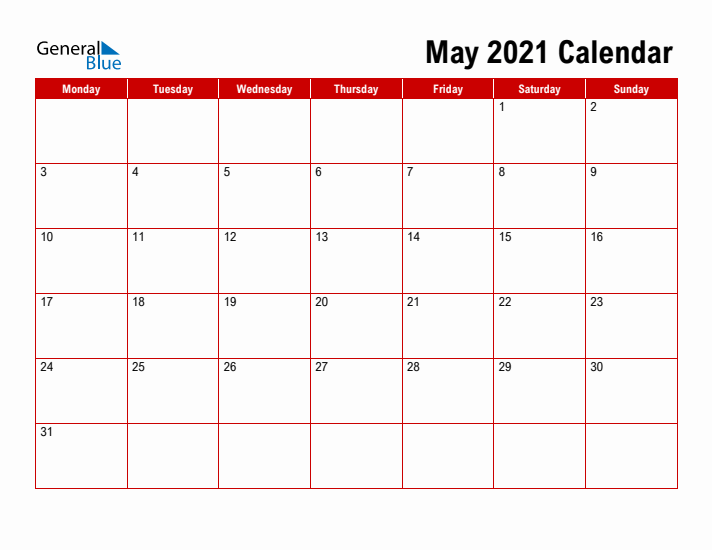 Simple Monthly Calendar - May 2021