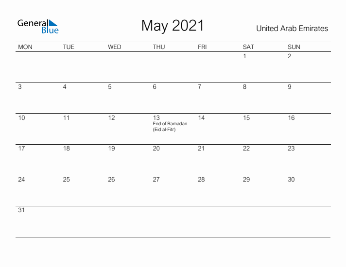 Printable May 2021 Calendar for United Arab Emirates