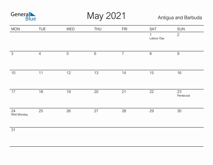 Printable May 2021 Calendar for Antigua and Barbuda