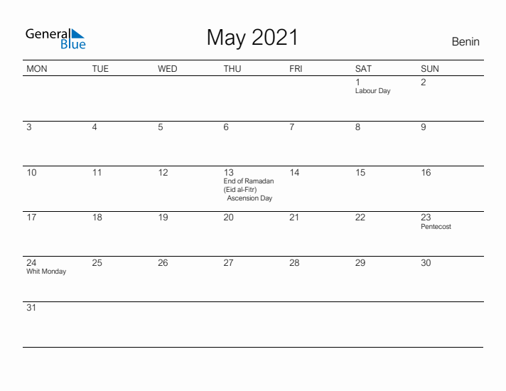 Printable May 2021 Calendar for Benin