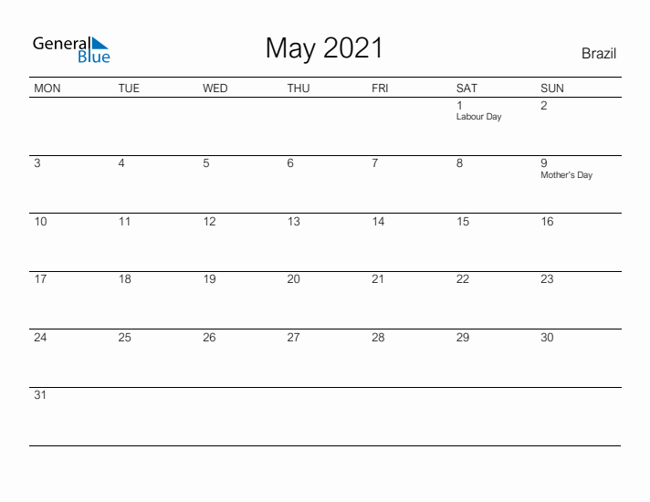 Printable May 2021 Calendar for Brazil