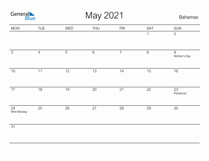 Printable May 2021 Calendar for Bahamas