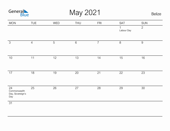 Printable May 2021 Calendar for Belize