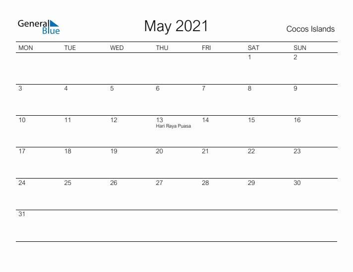 Printable May 2021 Calendar for Cocos Islands