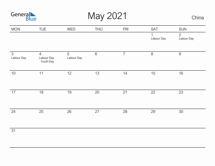 Printable May 2021 Calendar for China