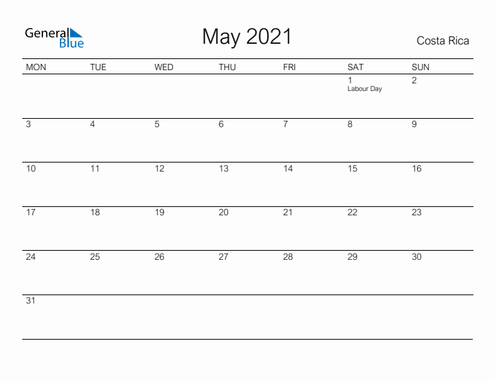 Printable May 2021 Calendar for Costa Rica