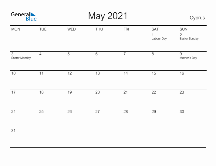 Printable May 2021 Calendar for Cyprus