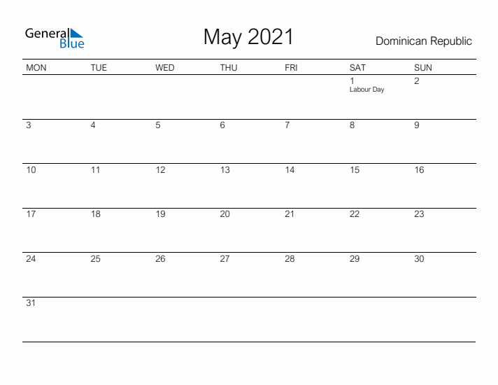 Printable May 2021 Calendar for Dominican Republic