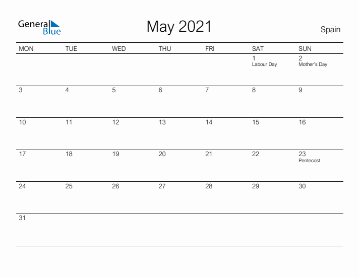 Printable May 2021 Calendar for Spain