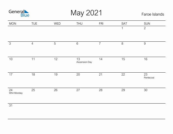 Printable May 2021 Calendar for Faroe Islands