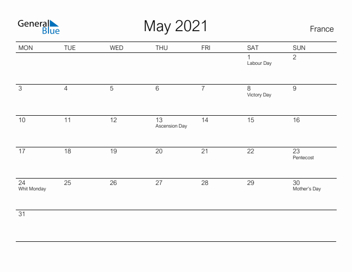 Printable May 2021 Calendar for France