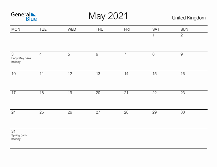 Printable May 2021 Calendar for United Kingdom