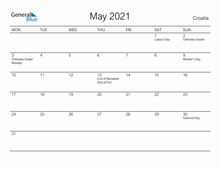 Printable May 2021 Calendar for Croatia