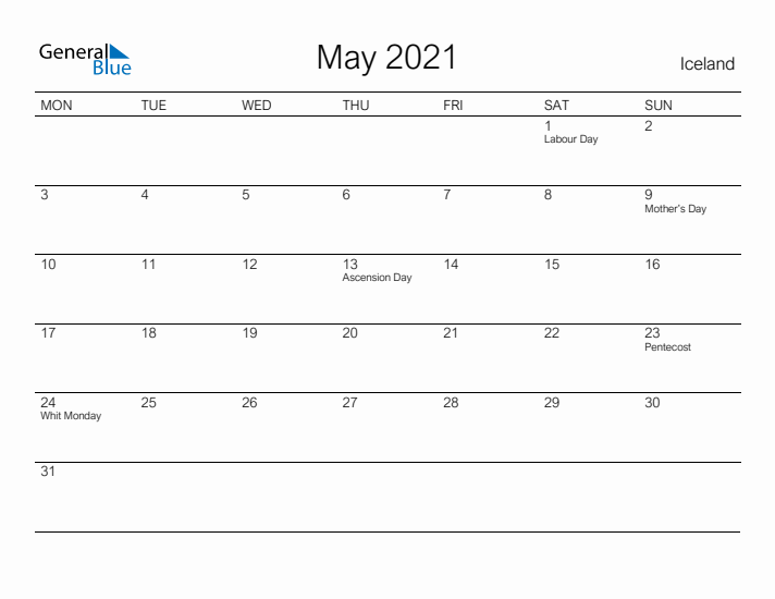 Printable May 2021 Calendar for Iceland