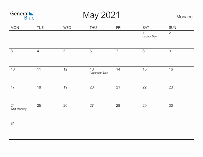 Printable May 2021 Calendar for Monaco