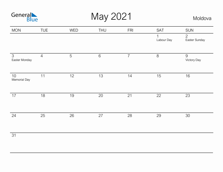 Printable May 2021 Calendar for Moldova