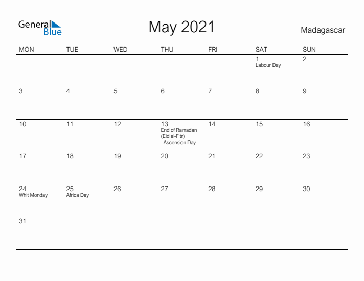 Printable May 2021 Calendar for Madagascar