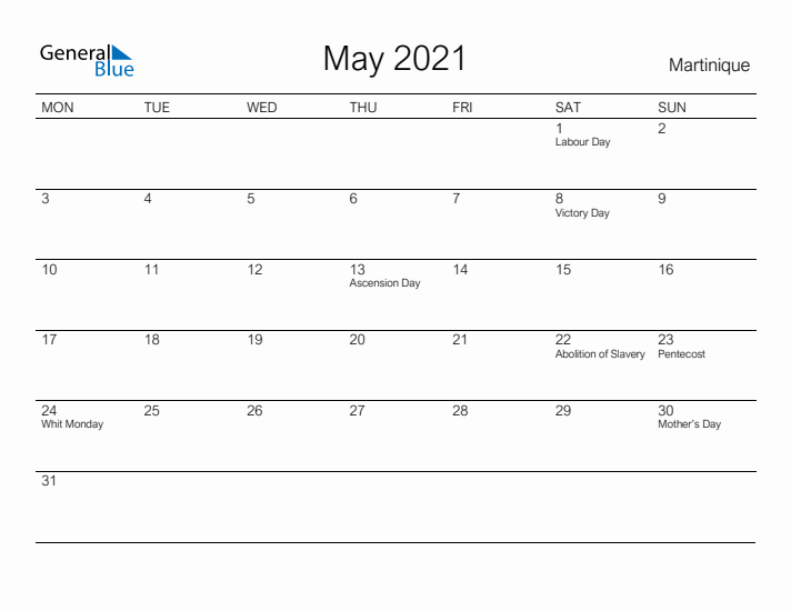 Printable May 2021 Calendar for Martinique