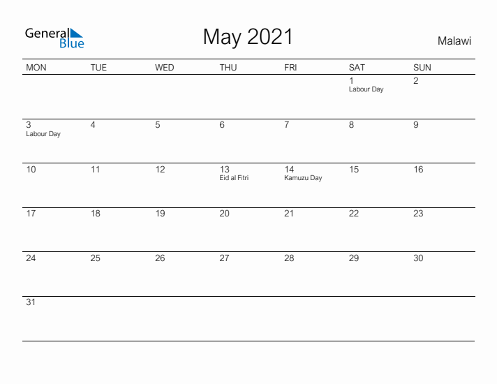 Printable May 2021 Calendar for Malawi