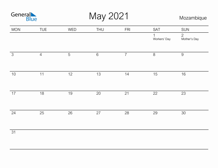 Printable May 2021 Calendar for Mozambique