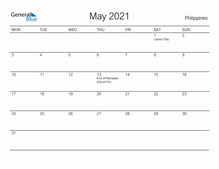 Printable May 2021 Calendar for Philippines