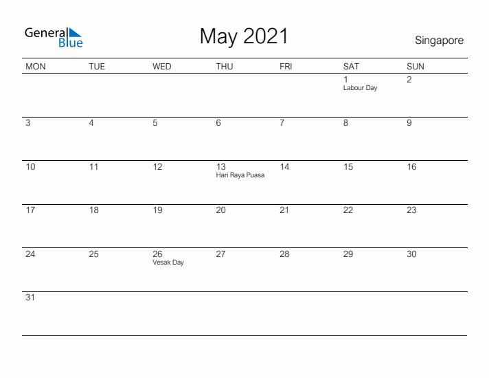 Printable May 2021 Calendar for Singapore